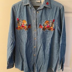 Chambray Denim embroidered button down / fall embroidery